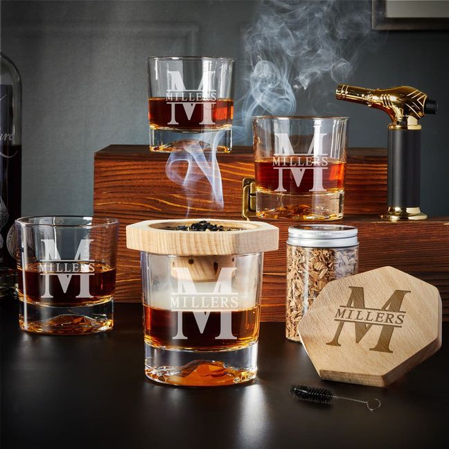 Black Diamond Personalized Whiskey Smoker Kit - 9pc Set w Glacier Glasses - Image 3