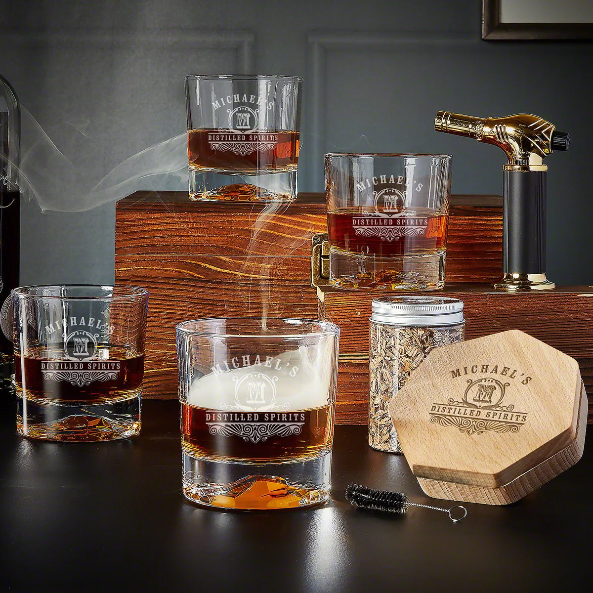Black Diamond Personalized Whiskey Smoker Kit - 9pc Set w Glacier Glasses - Image 6