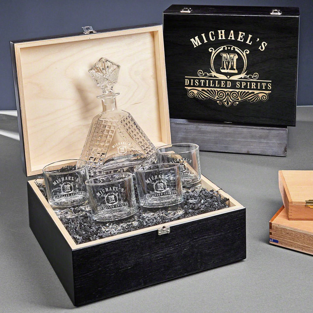 Personalized Devonshire Crystal Decanter Set with Whiskey Glasses - Ebony Black Box - Image 6