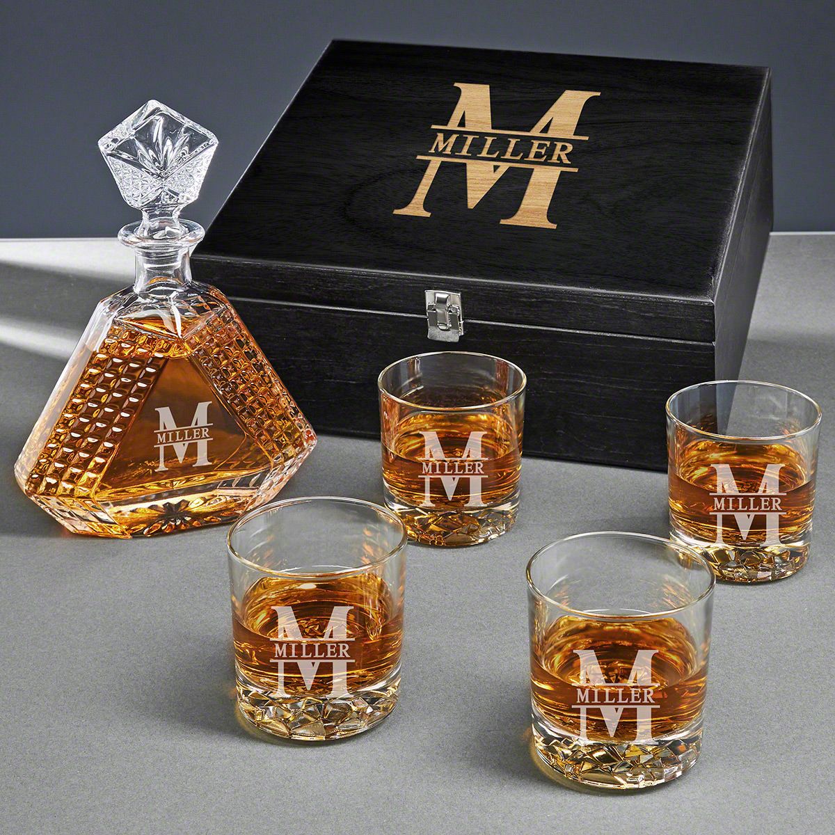 Personalized Devonshire Crystal Decanter Set with Whiskey Glasses - Ebony Black Box - Image 8