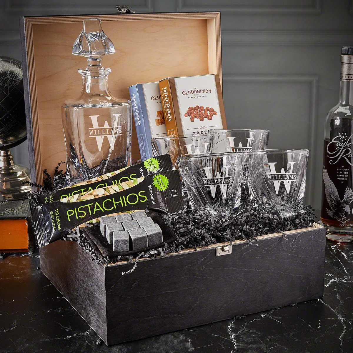 Twist Custom Bourbon Decanter Set with Snacks -  Black Ebony Box 11pc - Image 5