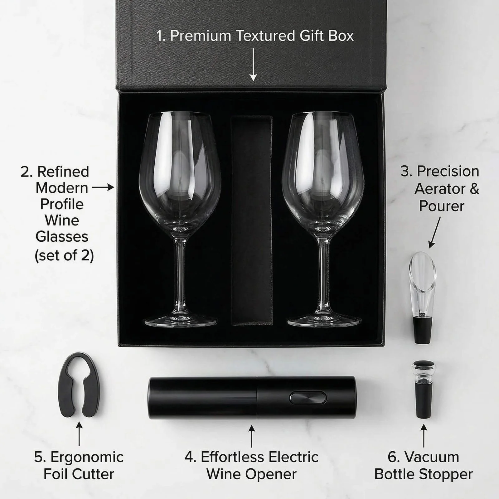 Custom Wine Glass Set - 6pc Boxed Wine Gift Set with Electric Opener - Image 3