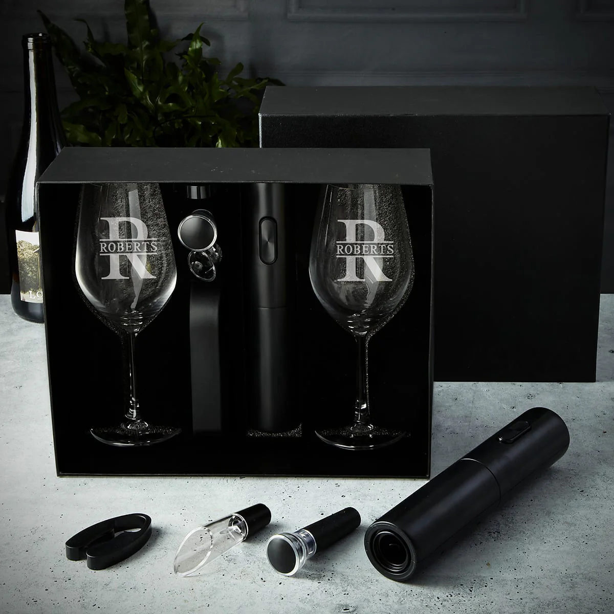 Custom Wine Glass Set - 6pc Boxed Wine Gift Set with Electric Opener - Image 6