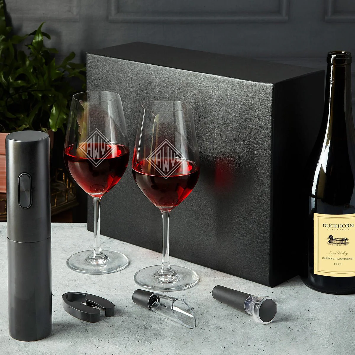Custom Wine Glass Set - 6pc Boxed Wine Gift Set with Electric Opener - Image 8