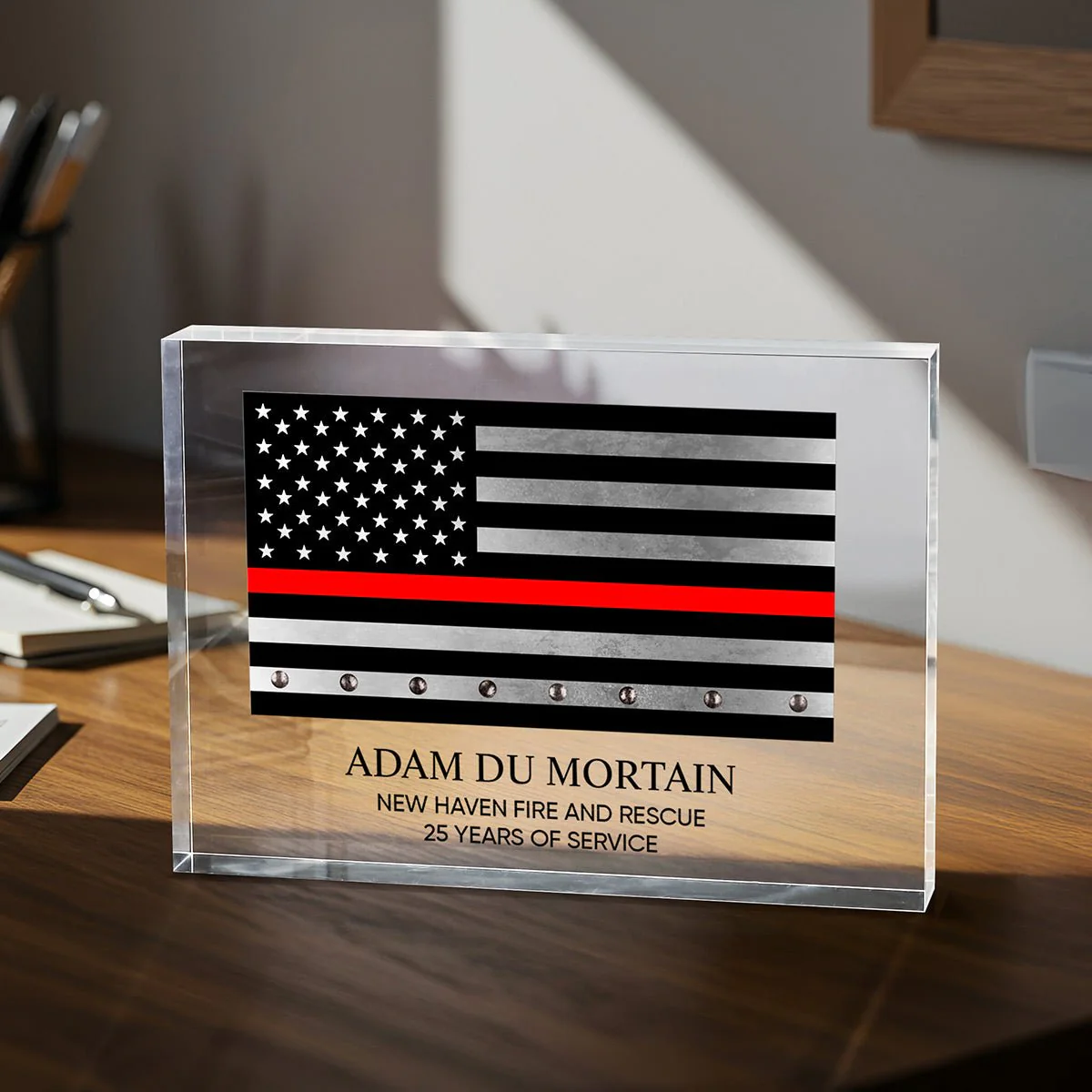 Engraved Retirement Acrylic Block Firefighter Gift - Thin Red Line - Image 3