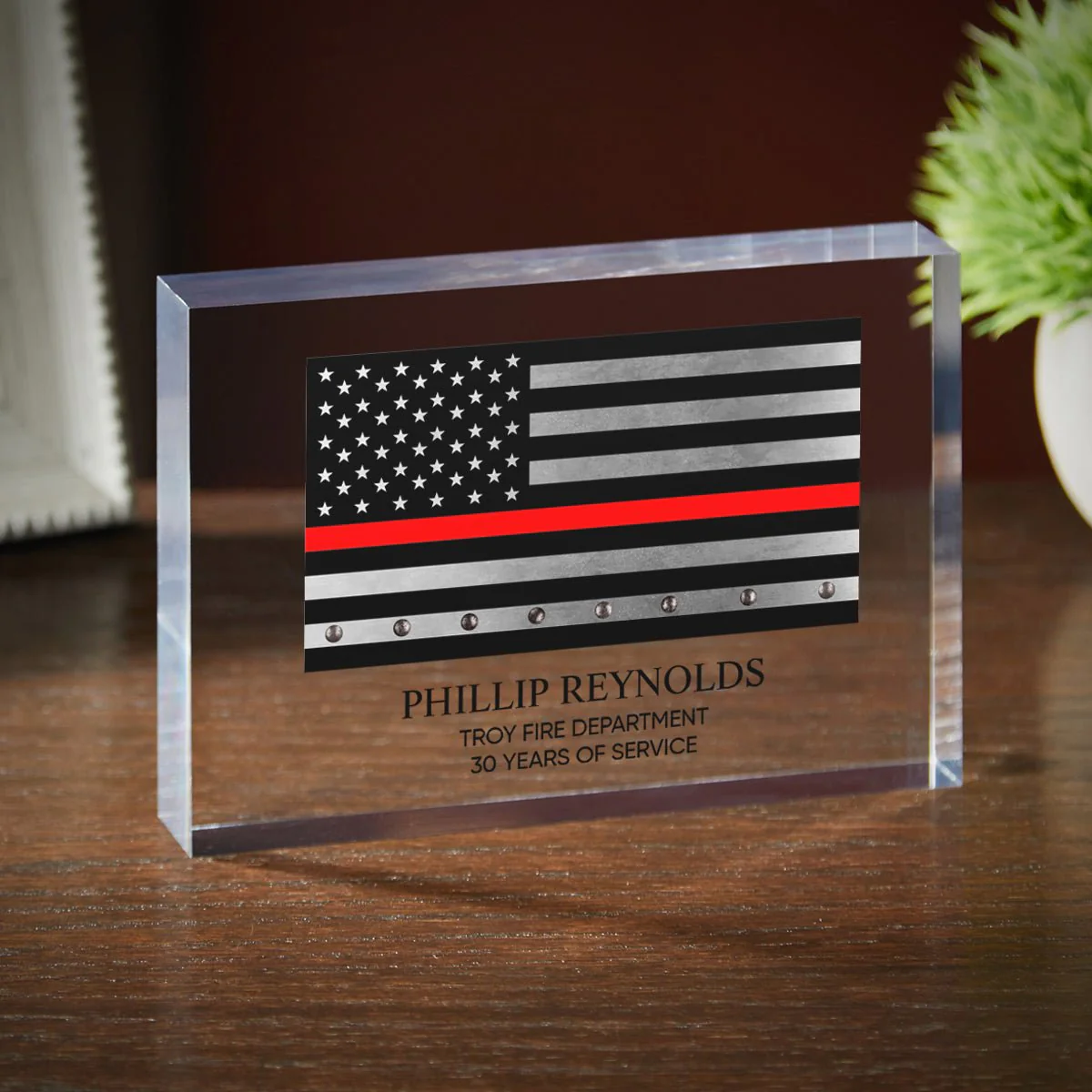 Engraved Retirement Acrylic Block Firefighter Gift - Thin Red Line - Image 4