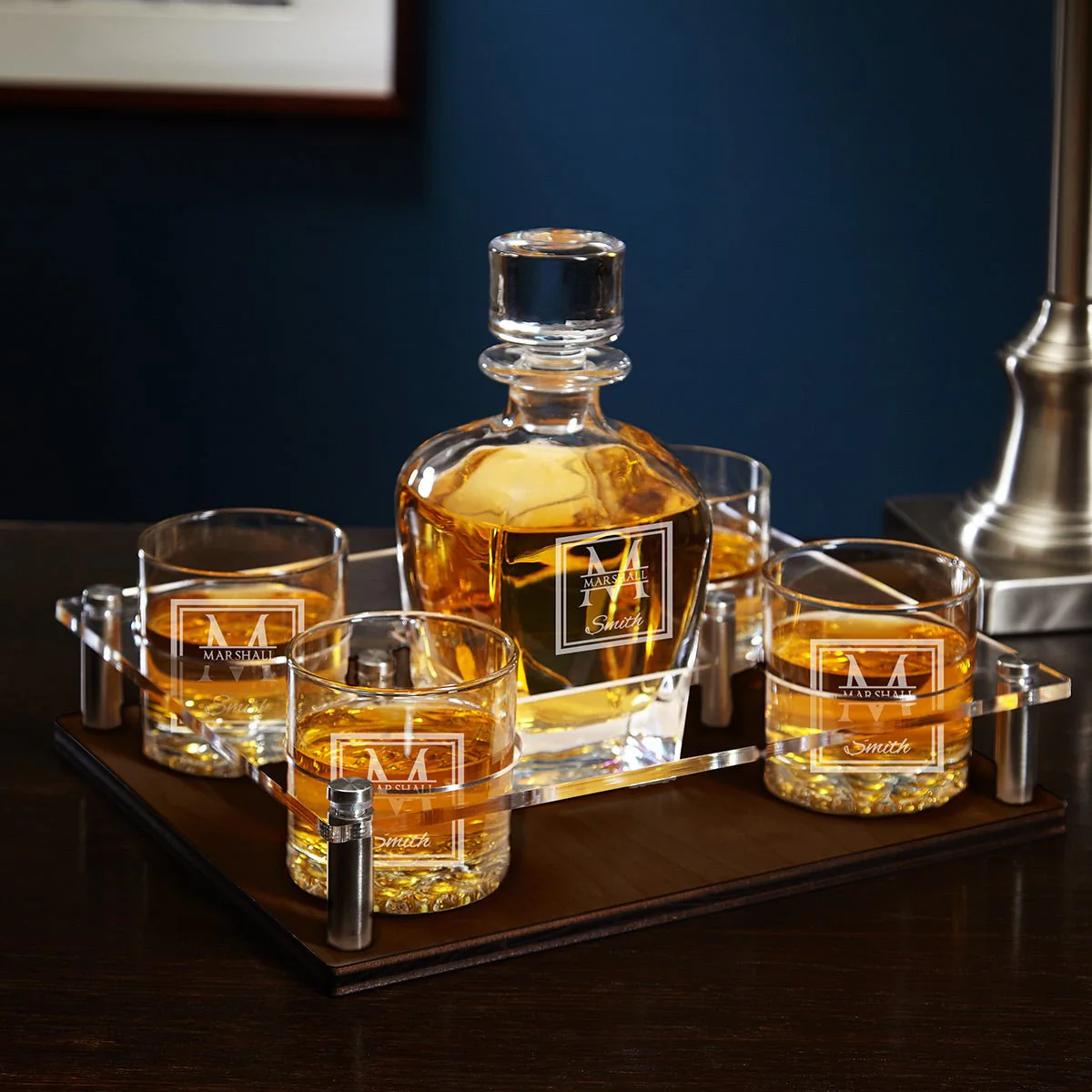 Engraved Bourbon Decanter Presentation with Glasses Set - Walnut Bar Serving Tray & Display Set - Image 11