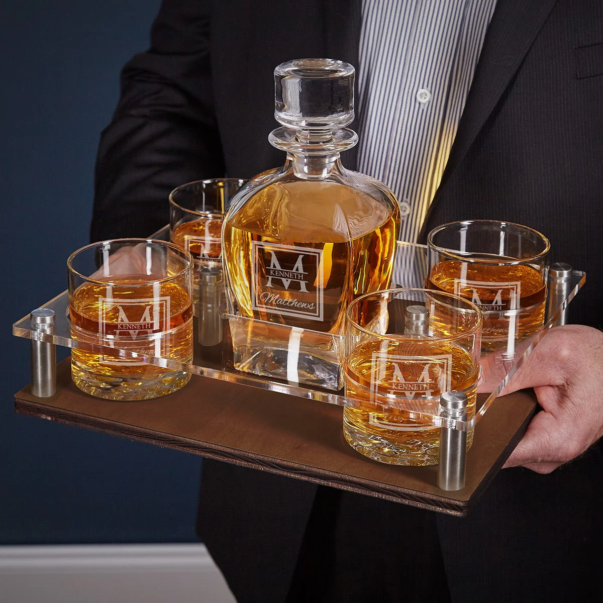 Engraved Bourbon Decanter Presentation with Glasses Set - Walnut Bar Serving Tray & Display Set - Image 14