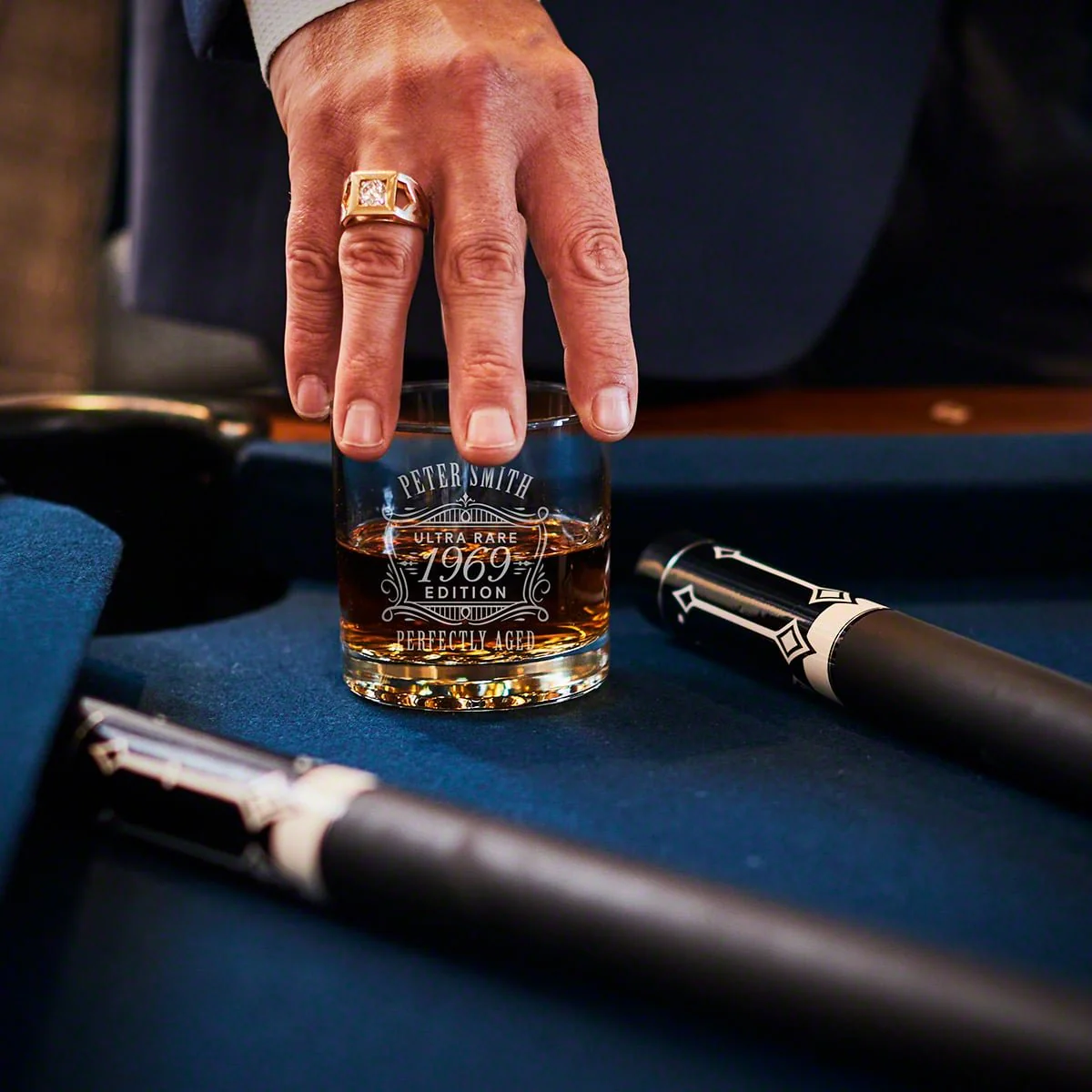 Engraved Bourbon Decanter Presentation with Glasses Set - Walnut Bar Serving Tray & Display Set - Image 15