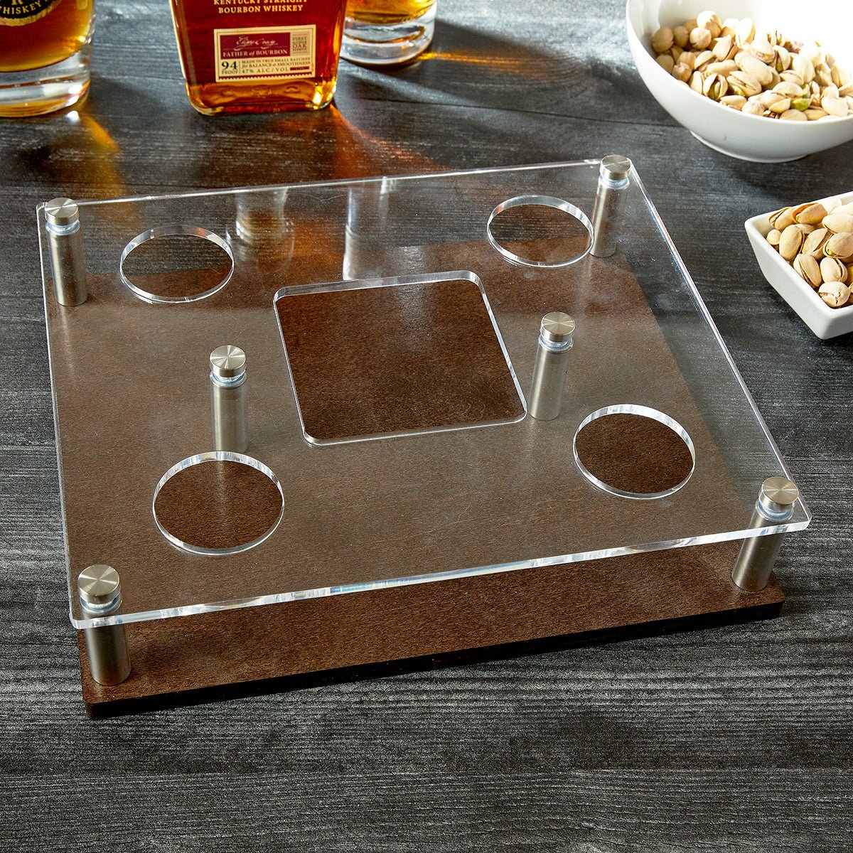Engraved Bourbon Decanter Presentation with Glasses Set - Walnut Bar Serving Tray & Display Set - Image 9