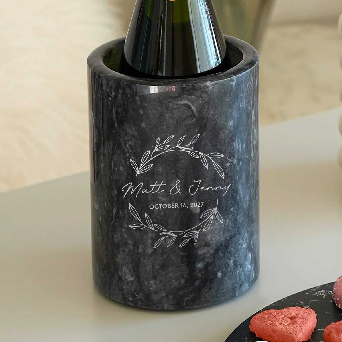 Engraved Wine Chiller Marble with Stemless Wine Glasses Set - 5pc - Image 7