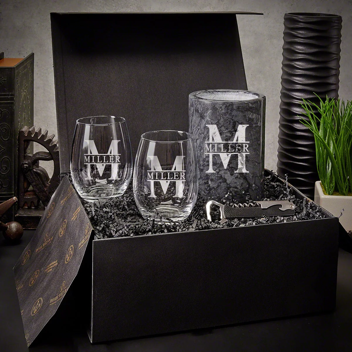 Engraved Wine Chiller Marble with Stemless Wine Glasses Set - 5pc - Image 9