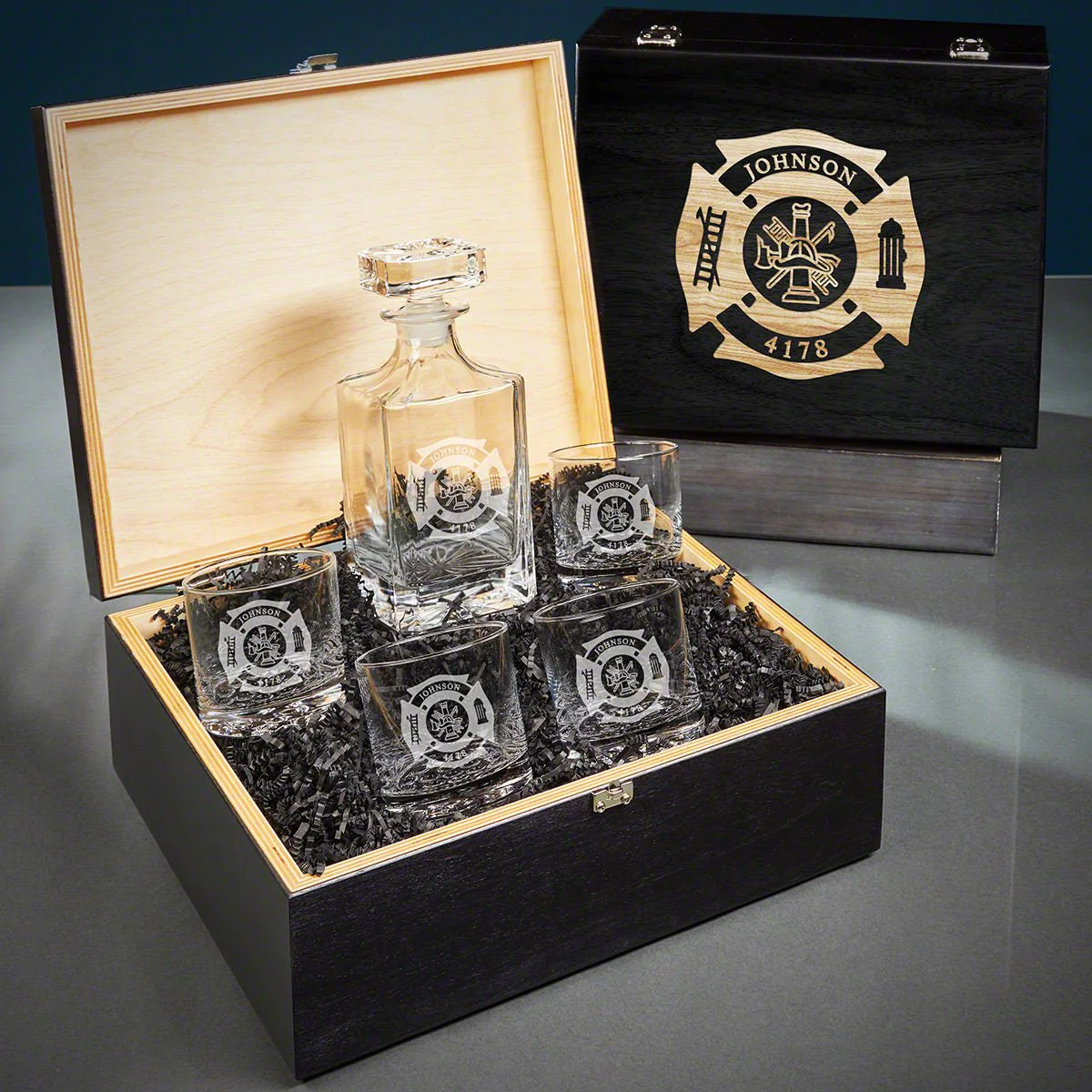 Firefighter Bourbon Decanter Set and Buckman Glasses Gift Set - Ebony Black Box - Image 6
