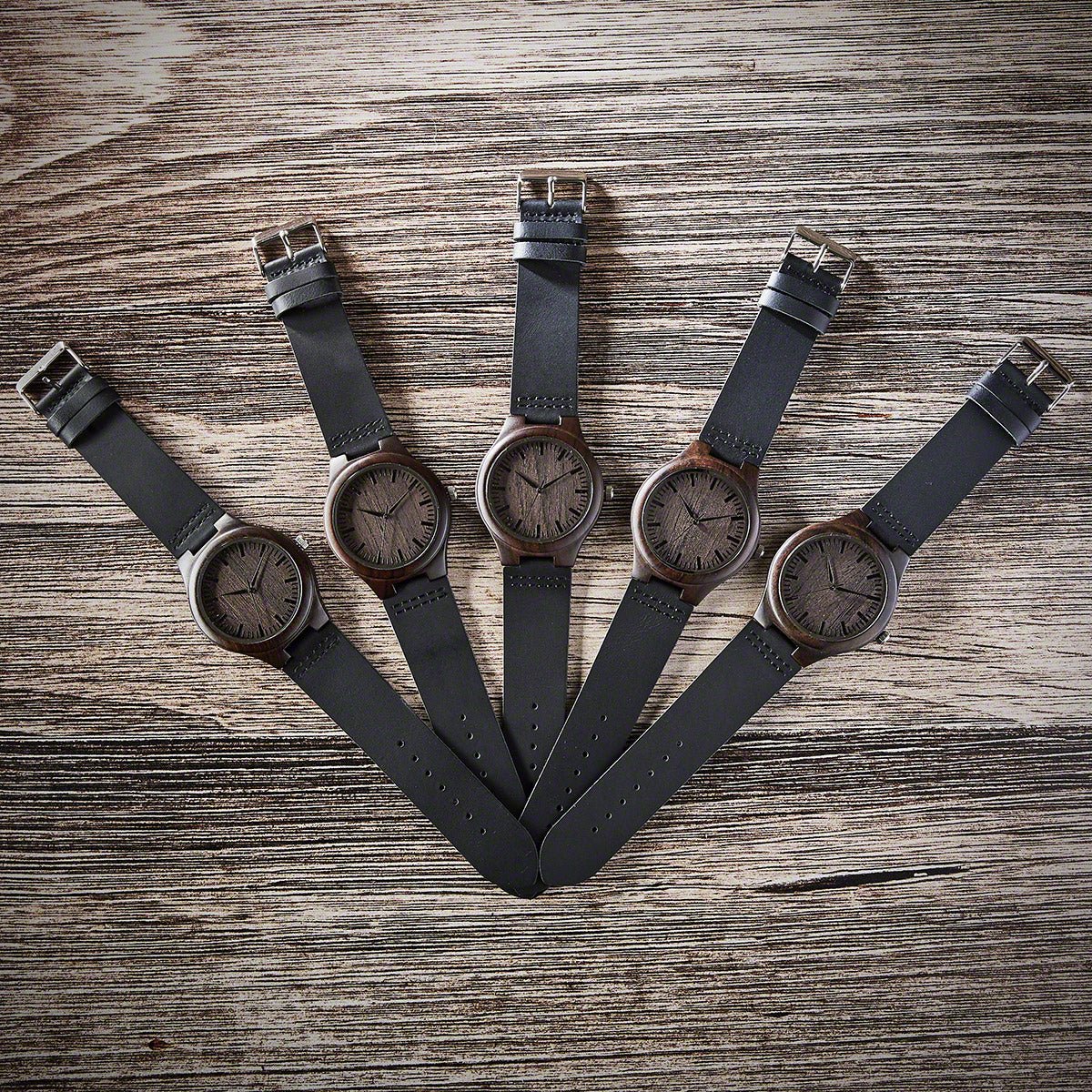 Groomsmen Watches Set of 5 Engraved Wood Watches with Leather Bands Black - Image 3