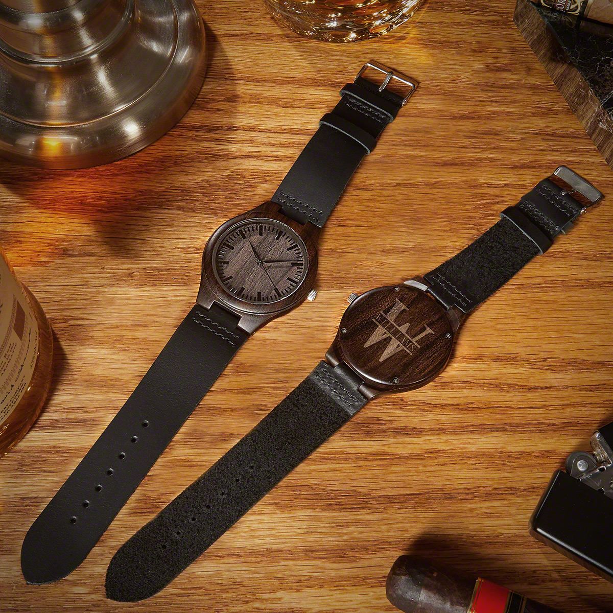 Groomsmen Watches Set of 5 Engraved Wood Watches with Leather Bands Black - Image 4
