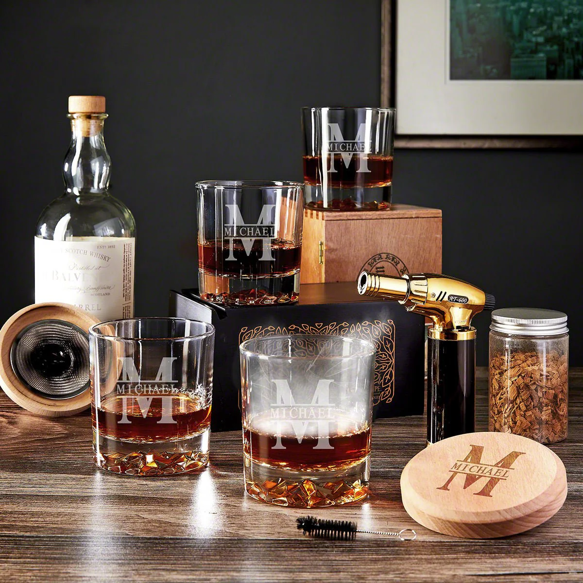 Halo Whiskey Smoker Gift Set 9pc with Four Engraved Glacier Glasses - Image 6