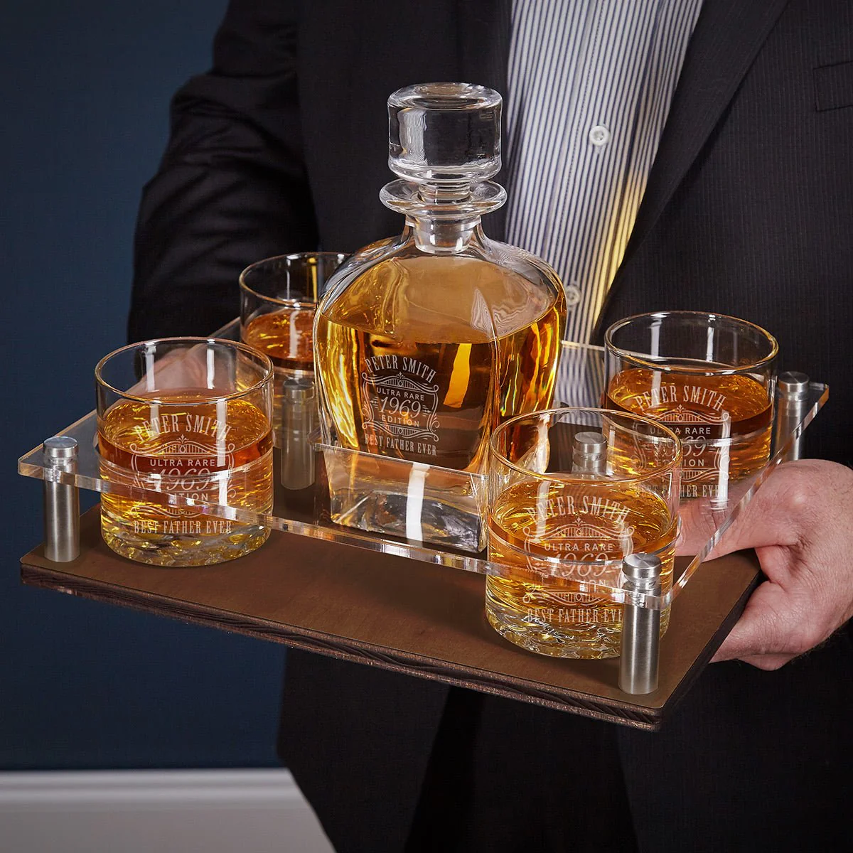 Monogrammed Presentation Set with Custom Rocks Glasses & Whiskey Decanter - 6pc Walnut Serving Tray & Display Set - Image 8