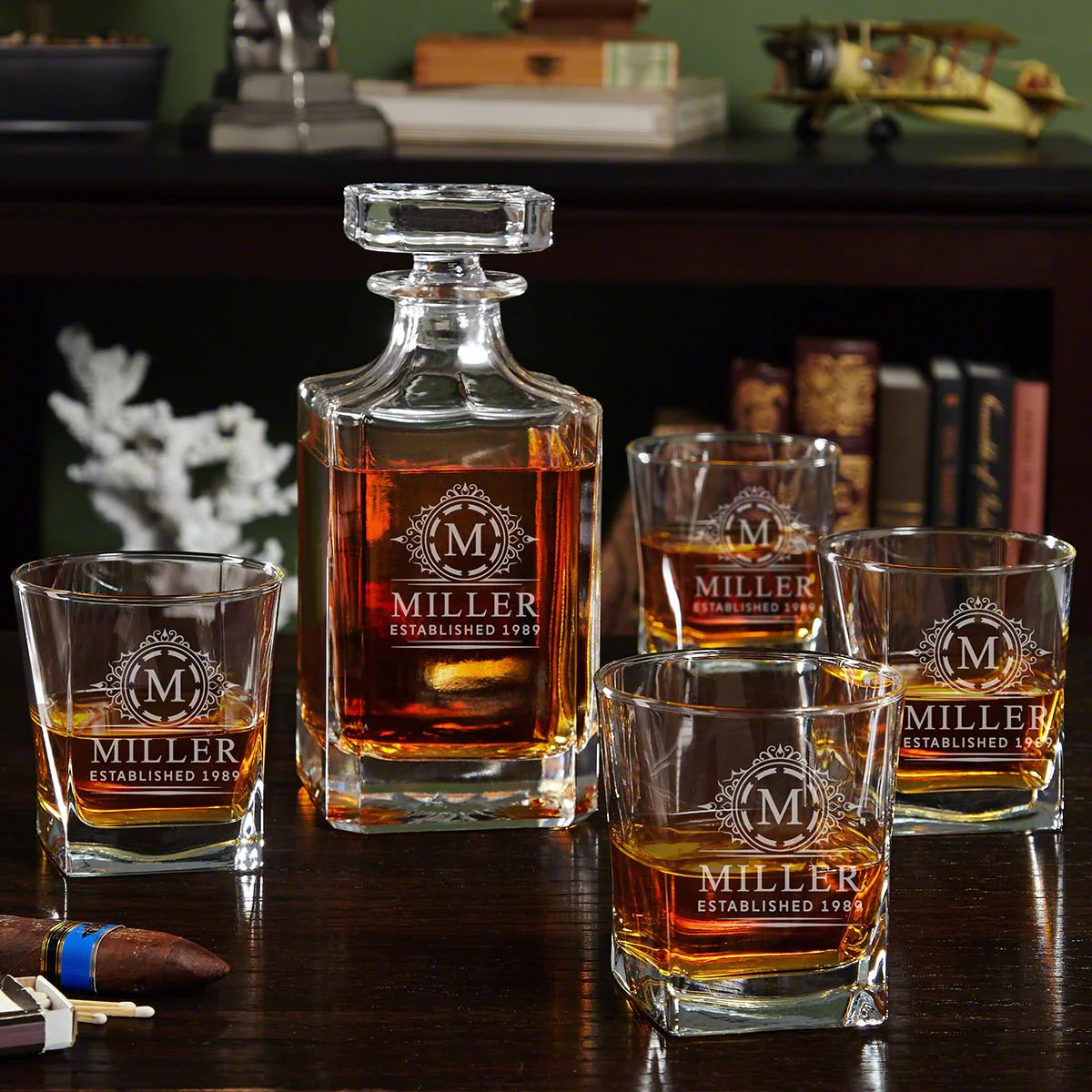 Custom Bourbon Decanter Set with 4 Square Glasses - Crafted Ebony Box - Image 9
