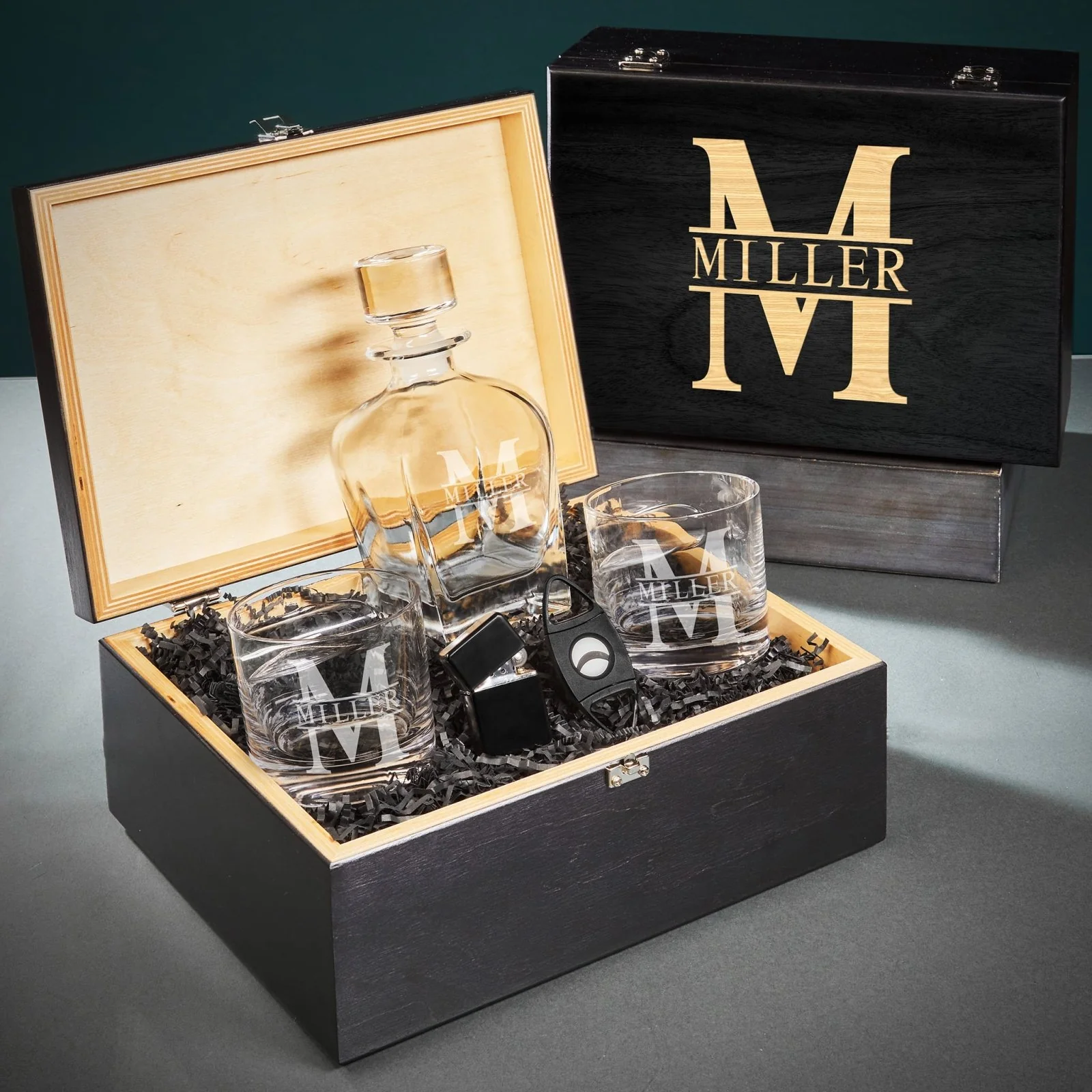 Oxley Custom Cigar Lover Gift Set with Whiskey Decanter and Glasses - 6pc Ebony Black Box - Image 7