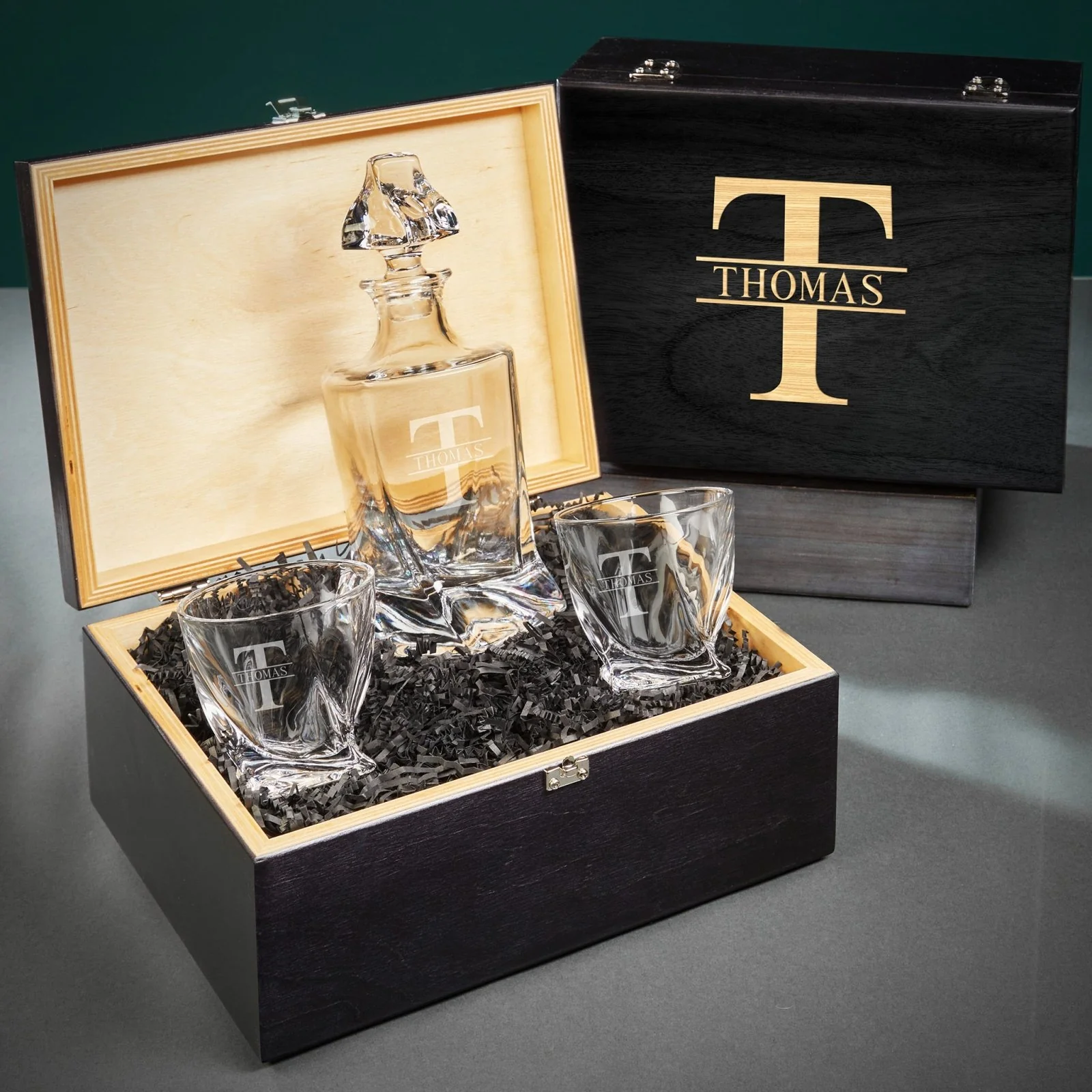 Engraved Vicente Whiskey Decanter Set with Twist Glasses - Ebony Black Box - Image 6