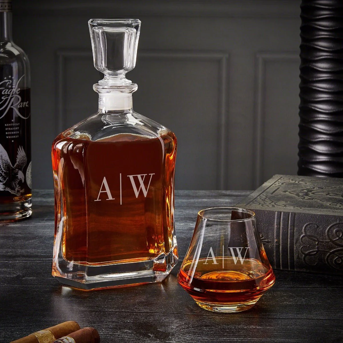 Personalized Dimera Bourbon Glasses and Decanter Set - Ebony Black Box - Image 10