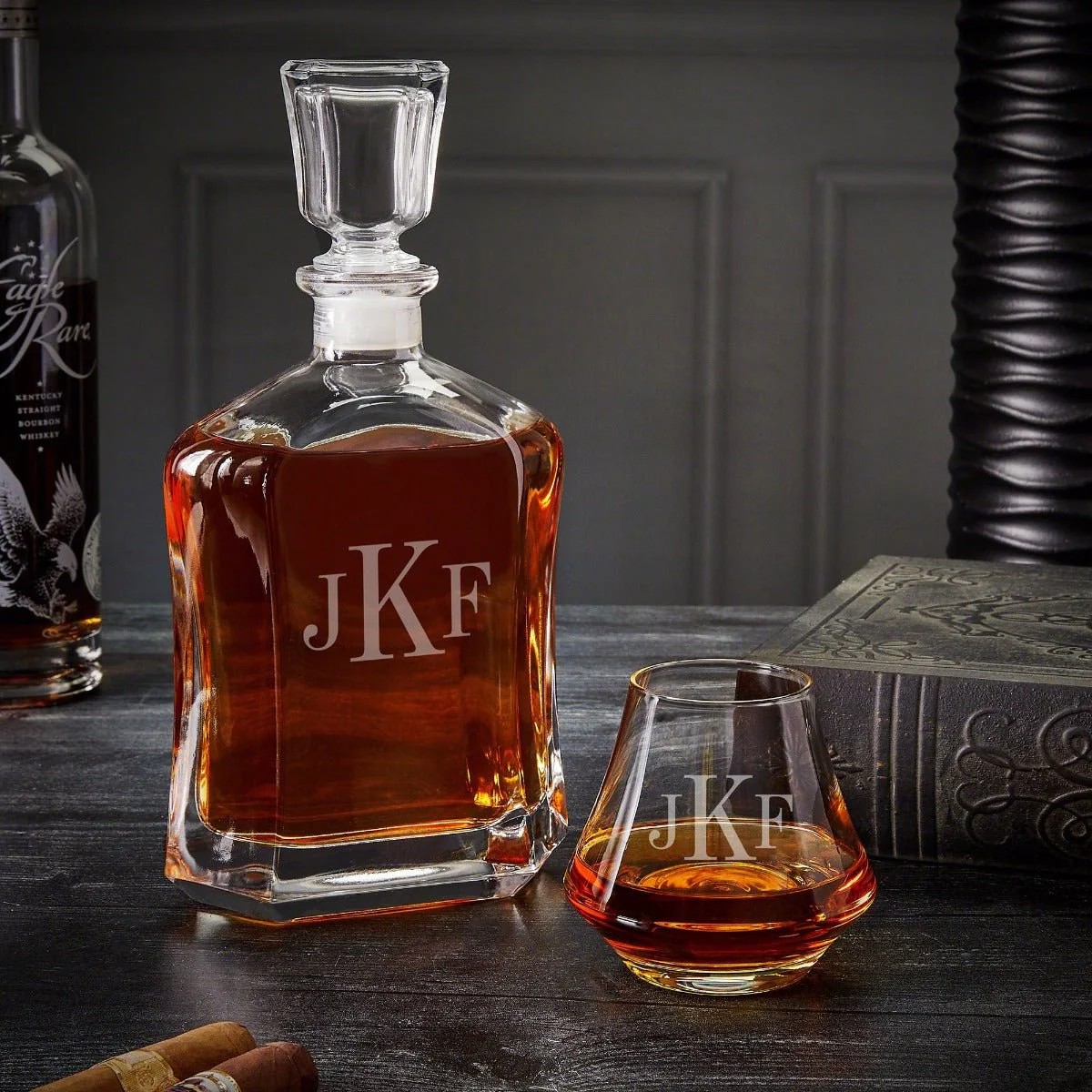 Personalized Dimera Bourbon Glasses and Decanter Set - Ebony Black Box - Image 12