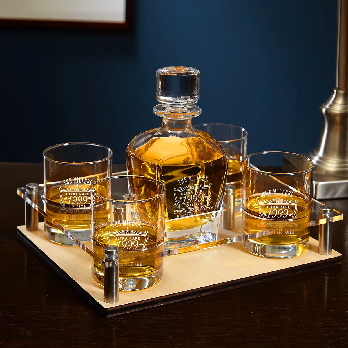 Engraved Presentation Set with Whiskey Decanter & Glasses - 6pc Bar Serving Tray & Display Set - Image 11