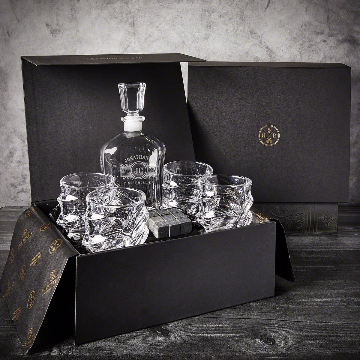 Personalized Luxury Boxed Decanter Set With Sculpted Glasses & Whiskey Stones - Image 6