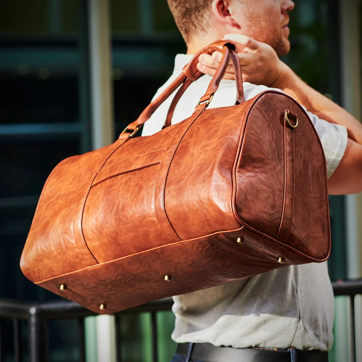 Personalized Theodore Mens Duffle Bag, Large Weekend Bag with Suitcase Strap Brown - Image 10