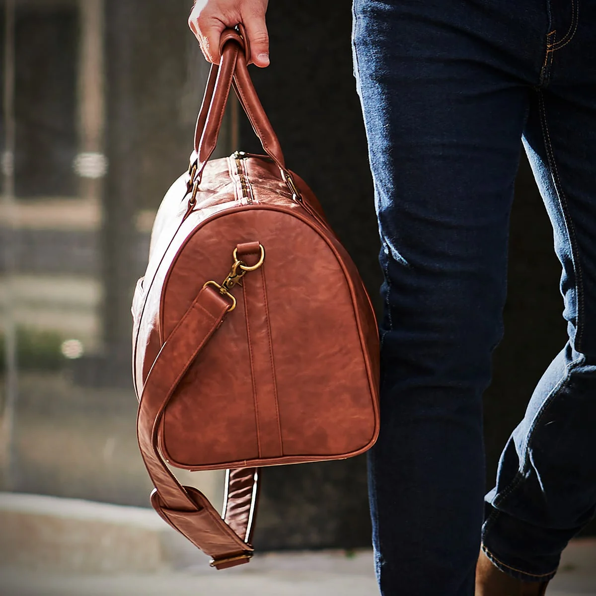 Personalized Theodore Mens Duffle Bag, Large Weekend Bag with Suitcase Strap Brown - Image 9