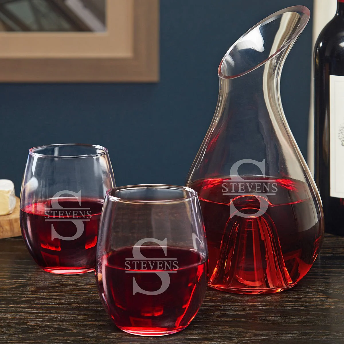 Reims Monogrammed Wine Decanter Set w Stemless Glasses - Image 9