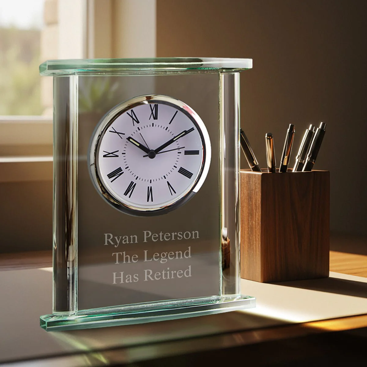 Square Glass Engraved Desk Clock - Image 3