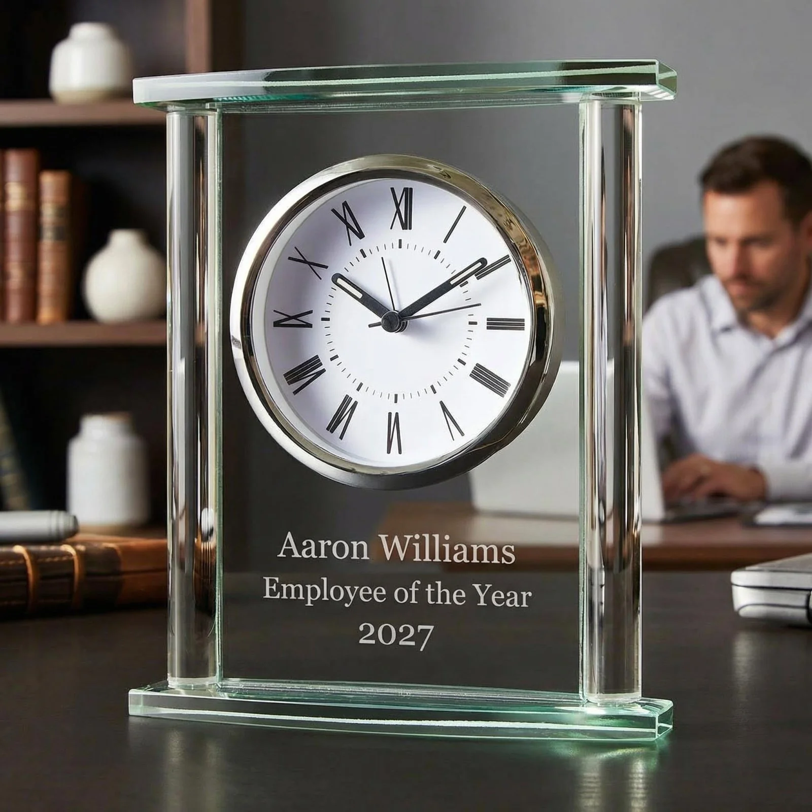 Square Glass Engraved Desk Clock - Image 6