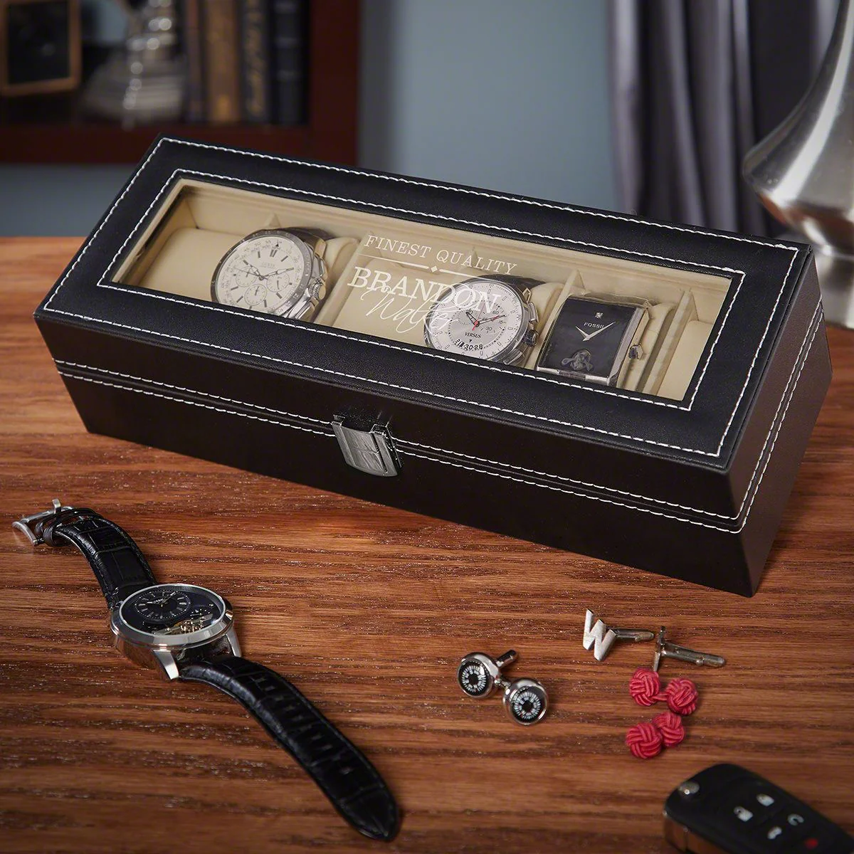 Timeless Personalized Black Leather Watch Case - Image 7