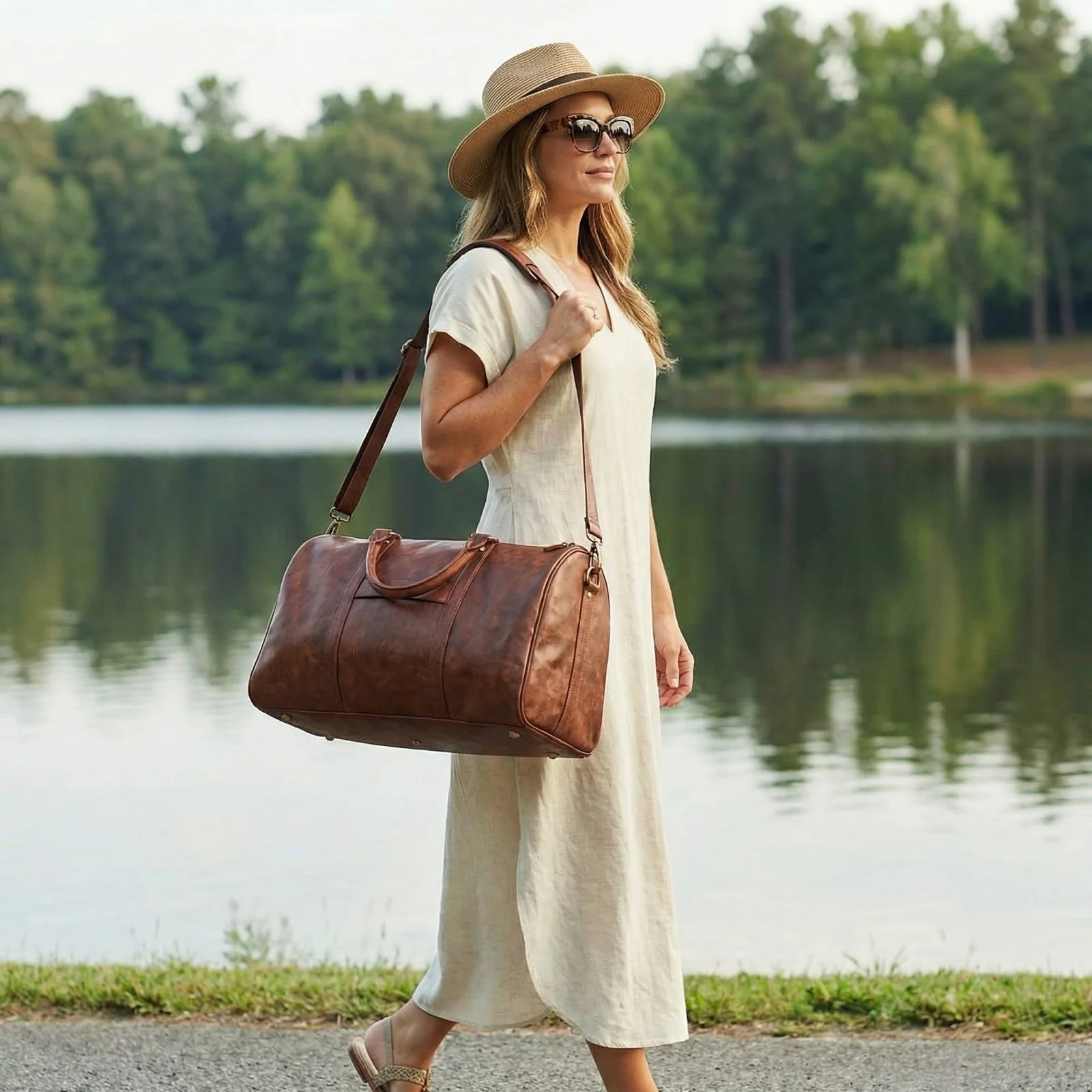 Theodore Mens Duffle Bag, Large Weekend Bag with Suitcase Strap Brown - Image 3