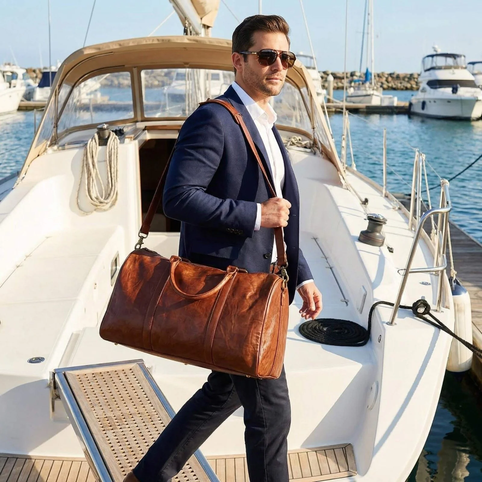 Theodore Mens Duffle Bag, Large Weekend Bag with Suitcase Strap Brown - Image 7