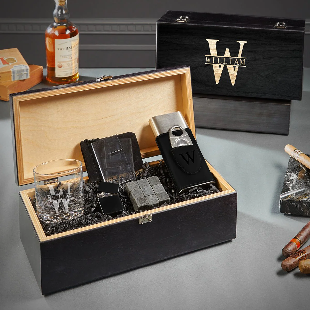 Ultra Rare Edition Custom Whiskey Glasses and Cigar Gift Set - 7pc Ebony Black Boxed - Image 6