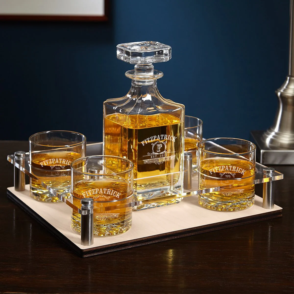 Custom Presentation Set with Classic Decanter & Buckman Glasses - Bar Serving Tray & Display Set - Image 6